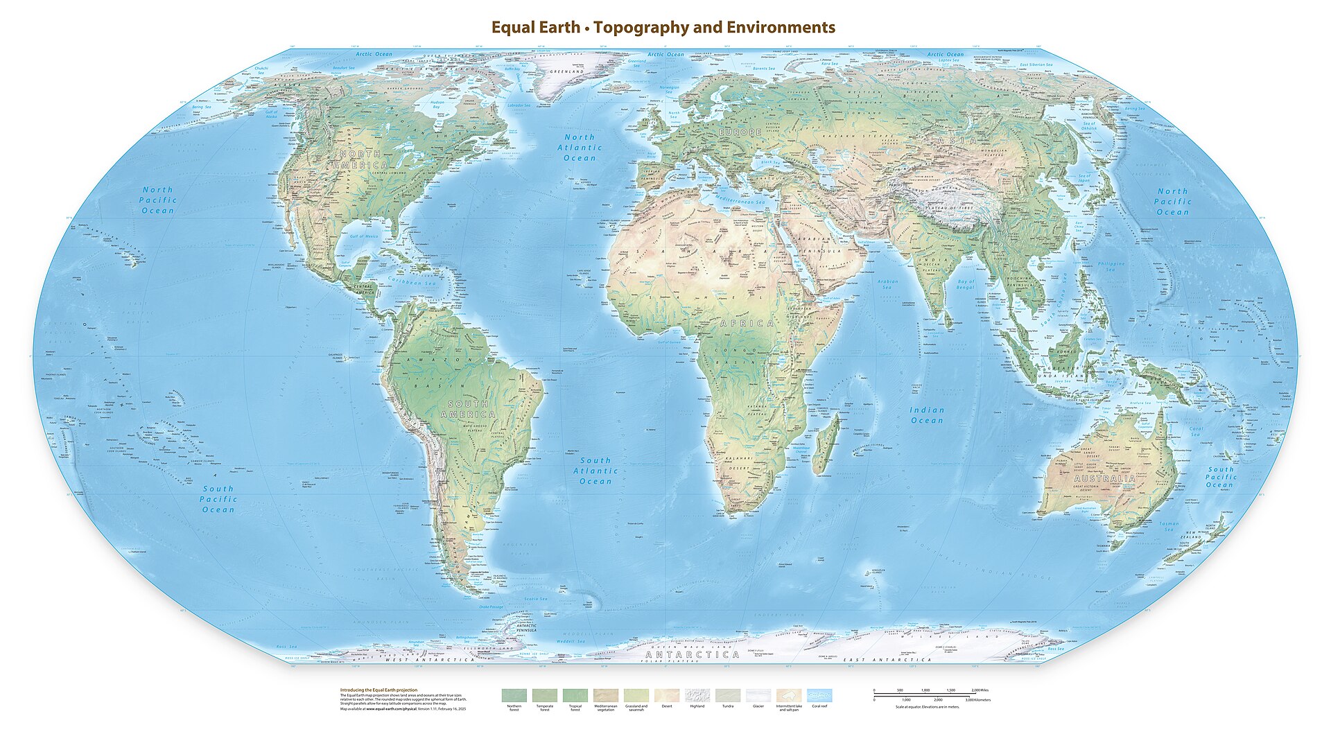 Equal Earth Physical Map — The Natural World